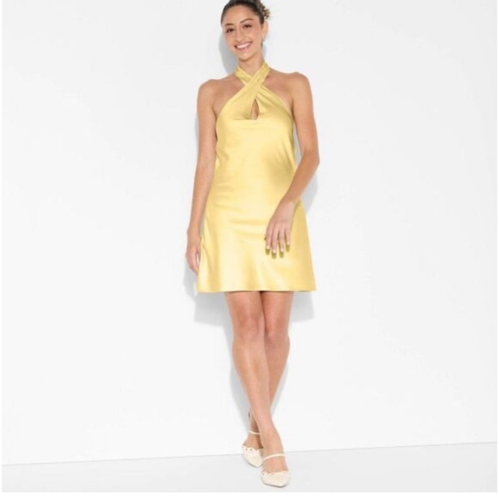 wild fable Yellow Satin Crisscross Halter Mini Dress
